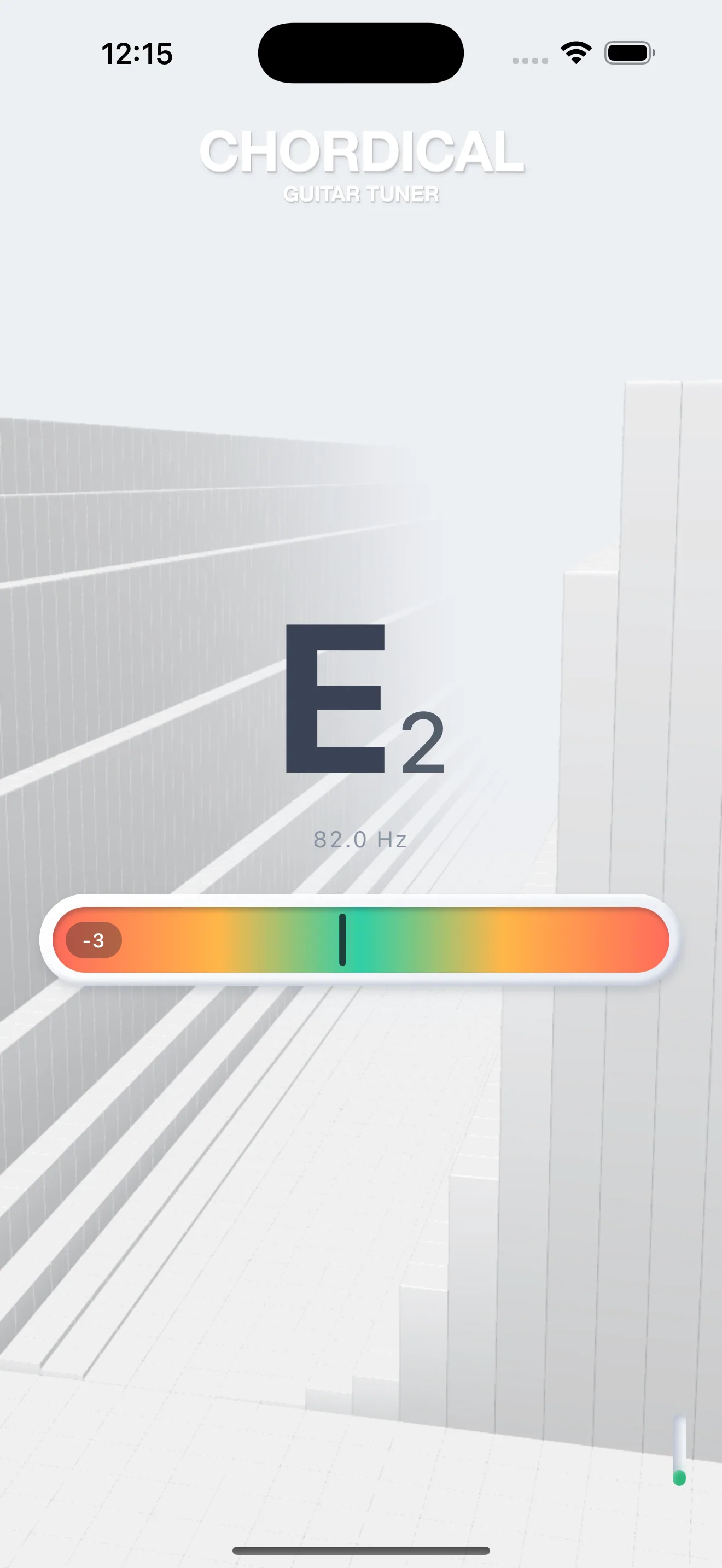 Chordical tuner locked onto a low E with the 3D visualiser running